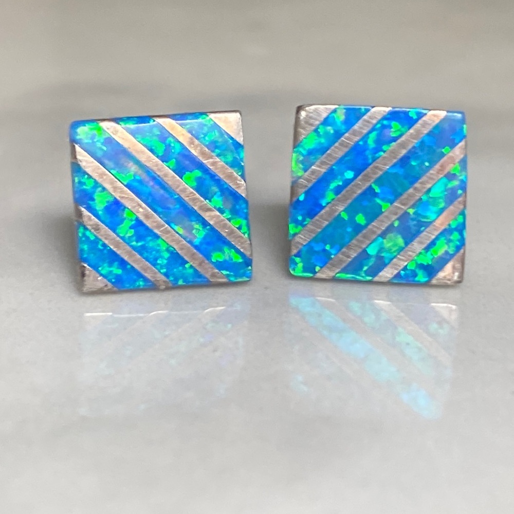 Blue‎ opal and sterling silver inlay stud earrings